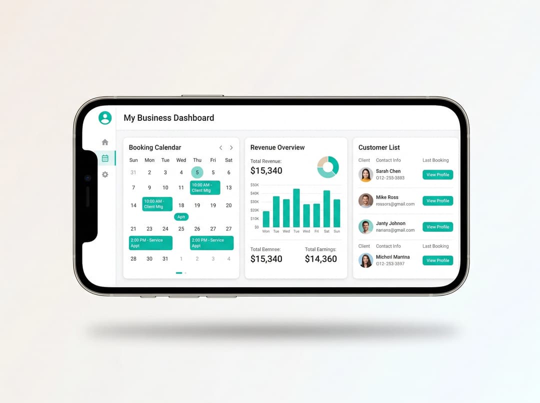 Phone showing a custom business app with dashboard and booking features built by Webknown