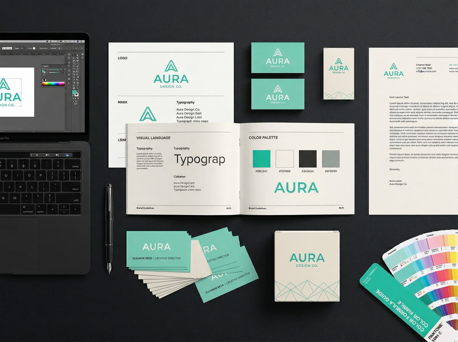 Collection of graphic design work by Webknown showing logo, business cards, and brand materials