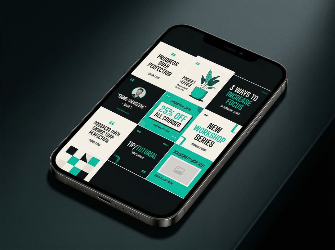 Grid of Instagram post templates with consistent brand colors and typography