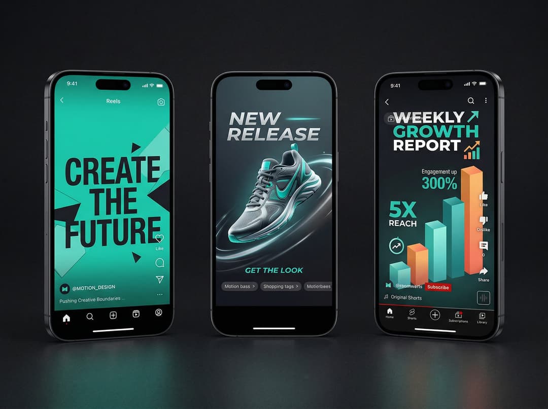 Social media motion content showing animated posts across multiple platforms