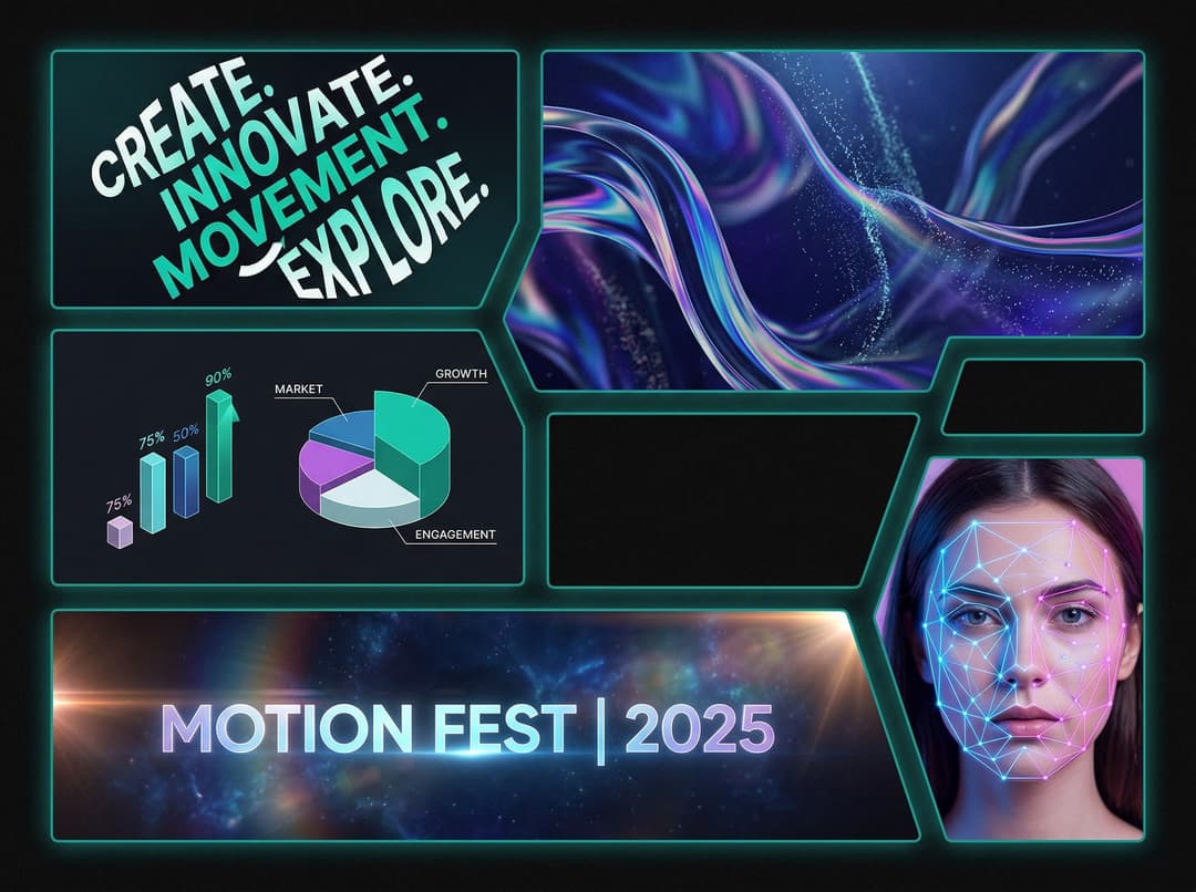 Collection of custom motion graphics projects including kinetic typography and event visuals